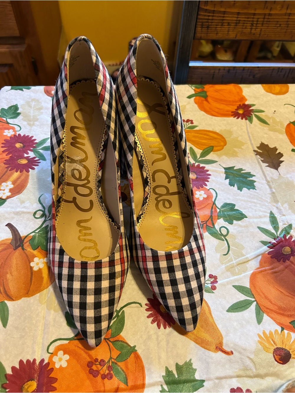 Sam Edelman Black & White Gingham Pointed-Toe Heels with Red Accents